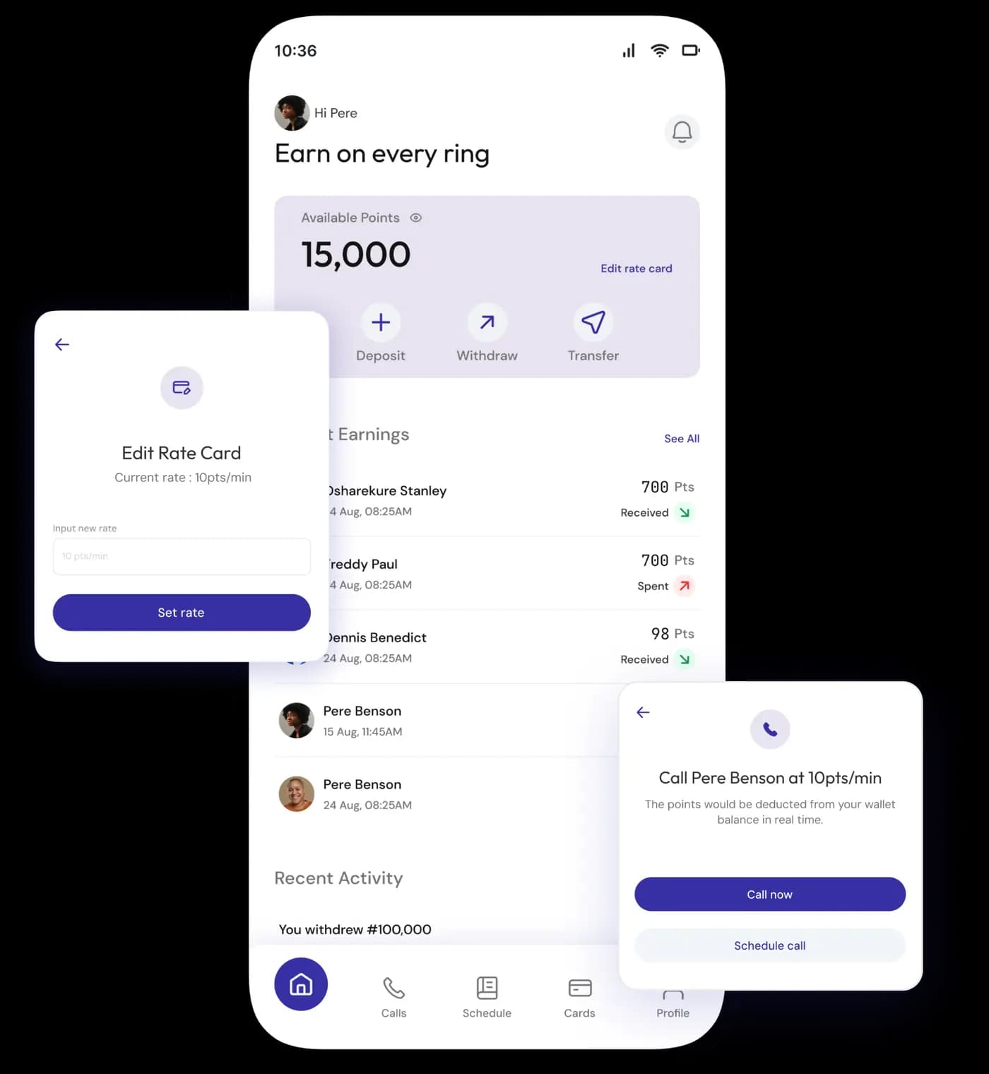 Okiri app screens showing paid calls, rate settings, and wallet activity